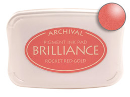 Order a Brilliance Metallic rocket red gold stamp pad.  Vibrant, non-toxic, water-soluble pigment ink.