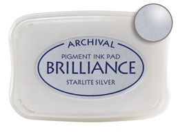 Order a Brilliance Metallic starlite silver stamp pad.  Vibrant, non-toxic, water-soluble pigment ink.