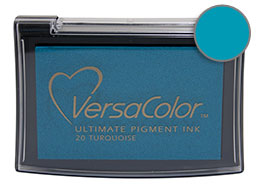 Purchase a turquoise Versacolor stamp pad.  Non-toxic, water-soluble pigment ink.  Measures 2 3/8 inches by 3 3/4 inches.