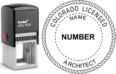 Customize and order a Colorado architect stamp online! Personalize, preview instantly, meets all requirements for Colorado professional architects, self-inking stamp with ink refills available. No minimums, fast turnaround, quality guaranteed.