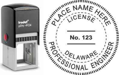 Customize and order a Delware PE stamp online! Personalize, preview instantly, meets all requirements for Delaware professional engineers, self-inking stamp with ink refills available. No minimums, fast turnaround, quality guaranteed.