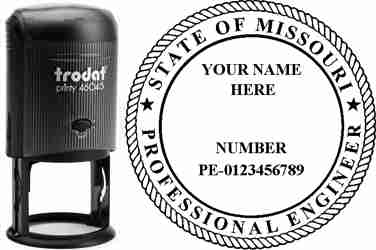 Customize and order a Missouri PE stamp online! Personalize, preview instantly, meets all requirements for Missouri professional engineers, self-inking stamp with ink refills available. No minimums, fast turnaround, quality guaranteed.