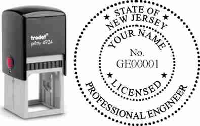 Customize and order a New Jersey PE stamp online! Personalize, preview instantly, meets all requirements for New Jersey professional engineers, self-inking stamp with ink refills available. No minimums, fast turnaround, quality guaranteed.