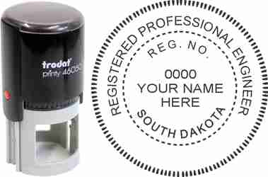 Customize and order a South Dakota PE stamp online! Personalize, preview instantly, meets all requirements for South Dakota professional engineers, self-inking stamp with ink refills available. No minimums, fast turnaround, quality guaranteed.